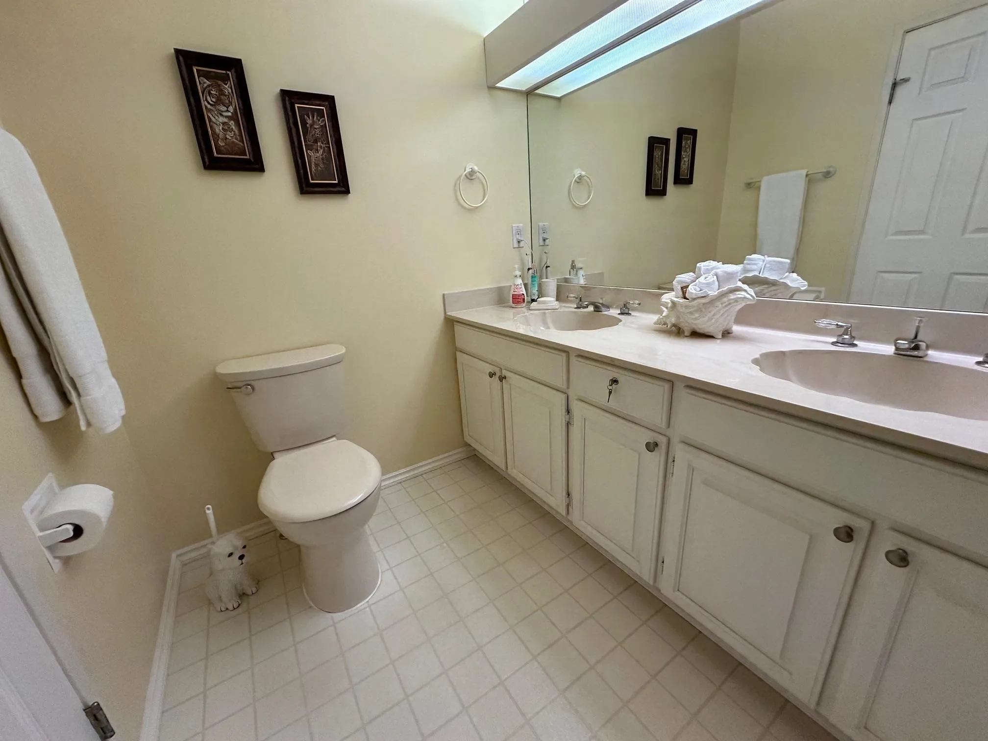 The main bathroom is huge -- it has double sinks and a combination soaker tub/shower.