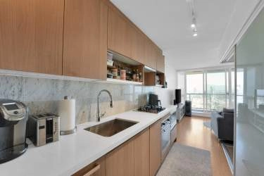 Large kitchen with quartz countertops