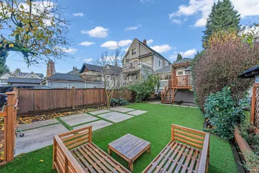 Backyard (south facing) plenty of natural light, newly landscaped with turf & fully fenced.