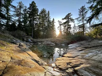 A stunning solid granite pool sits near the build site and meter base. An ideal location for a sauna or hot tub and truly rough hewn spa experience with and authentic connection to the textures of nature.